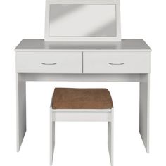 a white dressing table with mirror and stool on it's sides, against a white background