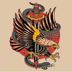 Traditional Nautical Tattoo, Traditional Back Tattoo, Eagle Snake, Half Sleeve Tattoos Forearm, Vintage Style Tattoos, Traditional Tattoo Old School, Traditional Tattoo Inspiration, Japan Graphic Design