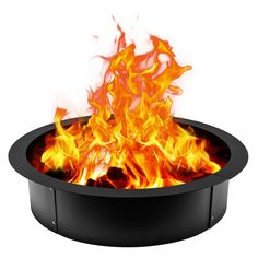 a black fire pit with flames on the side and red, orange and yellow flames