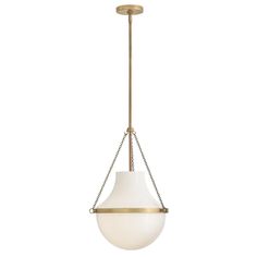 a white and gold light hanging from a ceiling fixture with chain around the bottom part