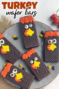 cookies decorated to look like angry birds on a plate with the words turkey wafer bars