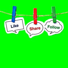 three speech bubbles with words like share and follow hanging on a line against a green background