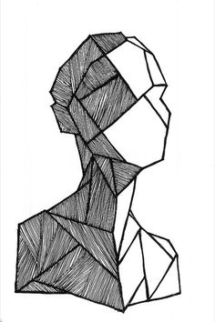 a black and white drawing of a man's head with geometric lines on it