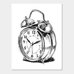 an old fashioned alarm clock with bells on the front and side, drawn in black ink