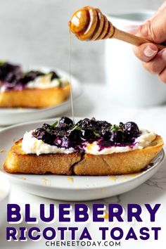 blueberry ricotta toast with honey drizzled on top