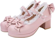 LUXMAX Women Kawaii Mid Block Heel Mary Jane Rockabilly Pumps with Bow Platform Chunky Heel Cute Sweet Shoes Sepatu Pump, Wedding Shoes Women, Girls Leather Shoes, Lace High Heels, Pink Plus Size, Zapatos Mary Jane, Heels Chunky, Dr Shoes, Bridal Wedding Shoes