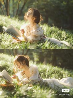 a woman sitting in the grass reading a book