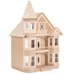 a wooden doll house is shown on a white background