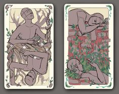 two playing cards with an image of a man and woman sitting on the same bench