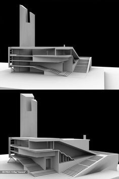 two renderings of a building with stairs leading up to the top and bottom floor