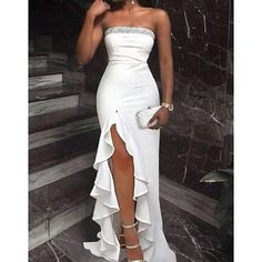 Autumn Profile, Wedding Guest Dresses Long, White Ruffle Dress, Strapless Evening Dress, Maxi Dress Outfit, Dress Party Night, Elegant Birthday, Womens Prom Dresses, Ruffles Fashion