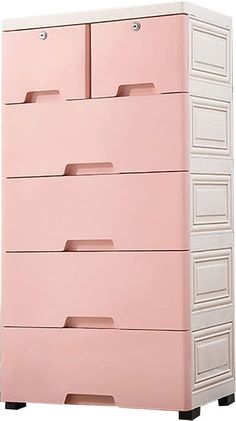 a pink and white dresser with four drawers