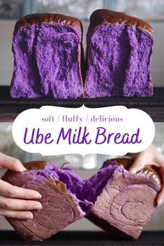 two hands holding purple bread with the words soft / fluffy / delicious use of ube milk bread