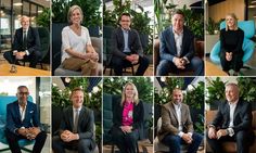 a series of photos showing people in suits and ties sitting on couches, smiling