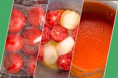 four pictures show tomatoes, onions and soup in the process of being prepared for cooking