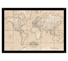 an old world map with the names of all countries and major cities in black frame