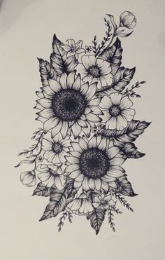 a black and white drawing of sunflowers