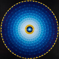 an abstract painting with blue and yellow shapes in the shape of a circle, on a black background