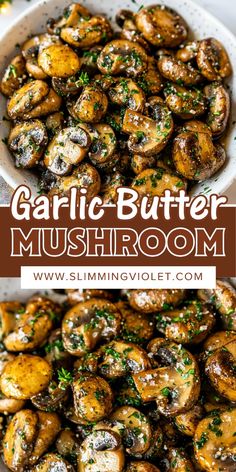 garlic butter mushroom recipe in a white bowl