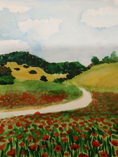 a painting of a road going through a field with red flowers