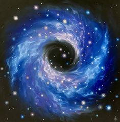 a painting of a black hole in the sky with stars around it and blue swirling material