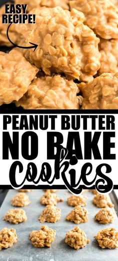 peanut butter no bake cookies are cooling on a baking sheet with text overlay