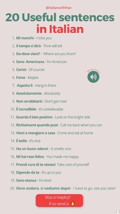 a poster with the words 20 useful sentences in italian