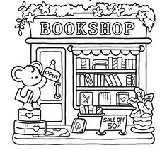 a black and white drawing of a book shop with a mouse on the front shelf