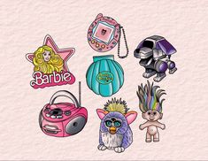 an image of some cartoon characters on a white paper background with the word barbie above them