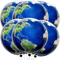 several blue and green globe balloons with white background