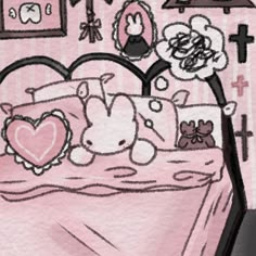 a drawing of a child's bed with stuffed animals on it