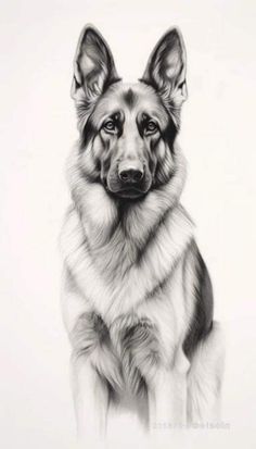 a black and white drawing of a german shepherd dog sitting in front of a white background