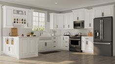 a large kitchen with gray cabinets and white counter tops is shown in this rendering image