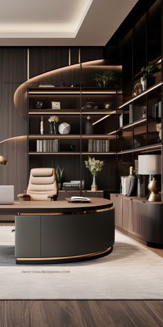 a modern office with wooden shelves and leather desks, along with bookshelves