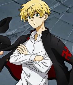 an anime character with blonde hair wearing a white shirt and black jacket, holding his arms crossed