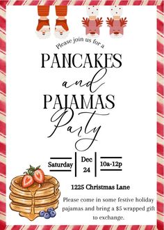 pancakes and pajamas party flyer with christmas stockings on the bottom, and red striped background