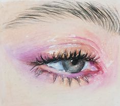 a drawing of an eye with long lashes and pink eyeshade on top of it