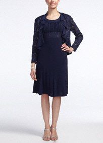 Elegance, style and grace is what you'll exude in this two piece jacket dress!  Sleeveless bodice with beaded round neckline and beaded waist.  Ruffle lace 3/4 sleeve jacket completes the look.  Fully lined. Back zip. Imported polyester/nylon/spandex.  Hand wash cold, no bleach, lay flat to dry, no iron, do not dry clean. Available in Plus size petite as Style 5393WP. Lace Jacket Dress, Dress With Jacket, Mother Of Groom Dresses, Elegance Style, Jersey Jacket, Cocktail Attire, Lace Jacket, Groom Outfit