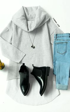 Fall Chic - Grey Cowl Neck Long Sleeve Loose Sweatshirt with blue denim and black boots from rowme.com Fall Chic, Clubbing Outfits, Fall Fashion 2016, Causal Outfits, Cowl Neck Long Sleeve, The Grey, 2016 Fashion, Online Fashion Stores