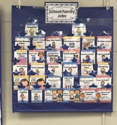 a bulletin board with pictures of different people on it and the words school family jobs