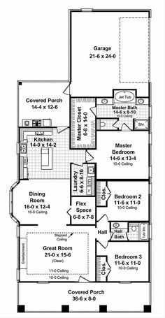 the first floor plan for a home with three bedroom and two bathrooms, including an attached garage