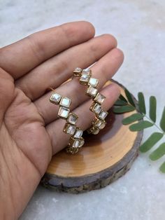 a person holding some kind of ring on top of a piece of wood next to a plant