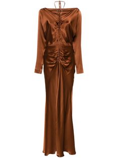 bronze-tone satin finish V-neck batwing sleeves cut-out detailing gathered detailing front slit long length drawstring fastening Midi Dress Brown, Versace Outfit, City Dress, Satin Midi Dress, Alberta Ferretti, Summer Beach Wear, Dress Cuts, Shearling Jacket, Batwing Sleeve