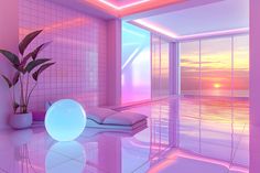 a room with pink walls, floor tiles and a large window overlooking the ocean at sunset