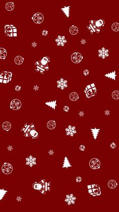 a red background with white christmas ornaments and snowflakes on it's sides