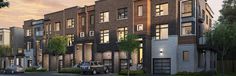 an artist's rendering of a row of townhouses in the city at dusk