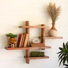 two wooden shelves with books and vases on them against a white wall next to a potted plant