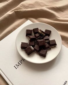 a white plate topped with chocolate pieces on top of a book