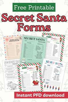 the secret santa forms printable is shown in red, green and white with text that reads