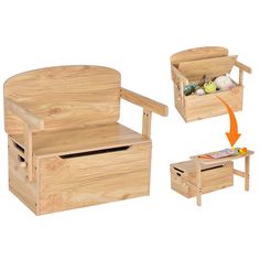 a wooden chair with storage underneath it and an open drawer on the bottom right side